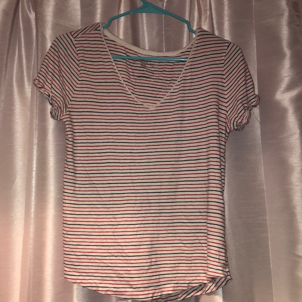 Red and Black Striped V Neck Tee